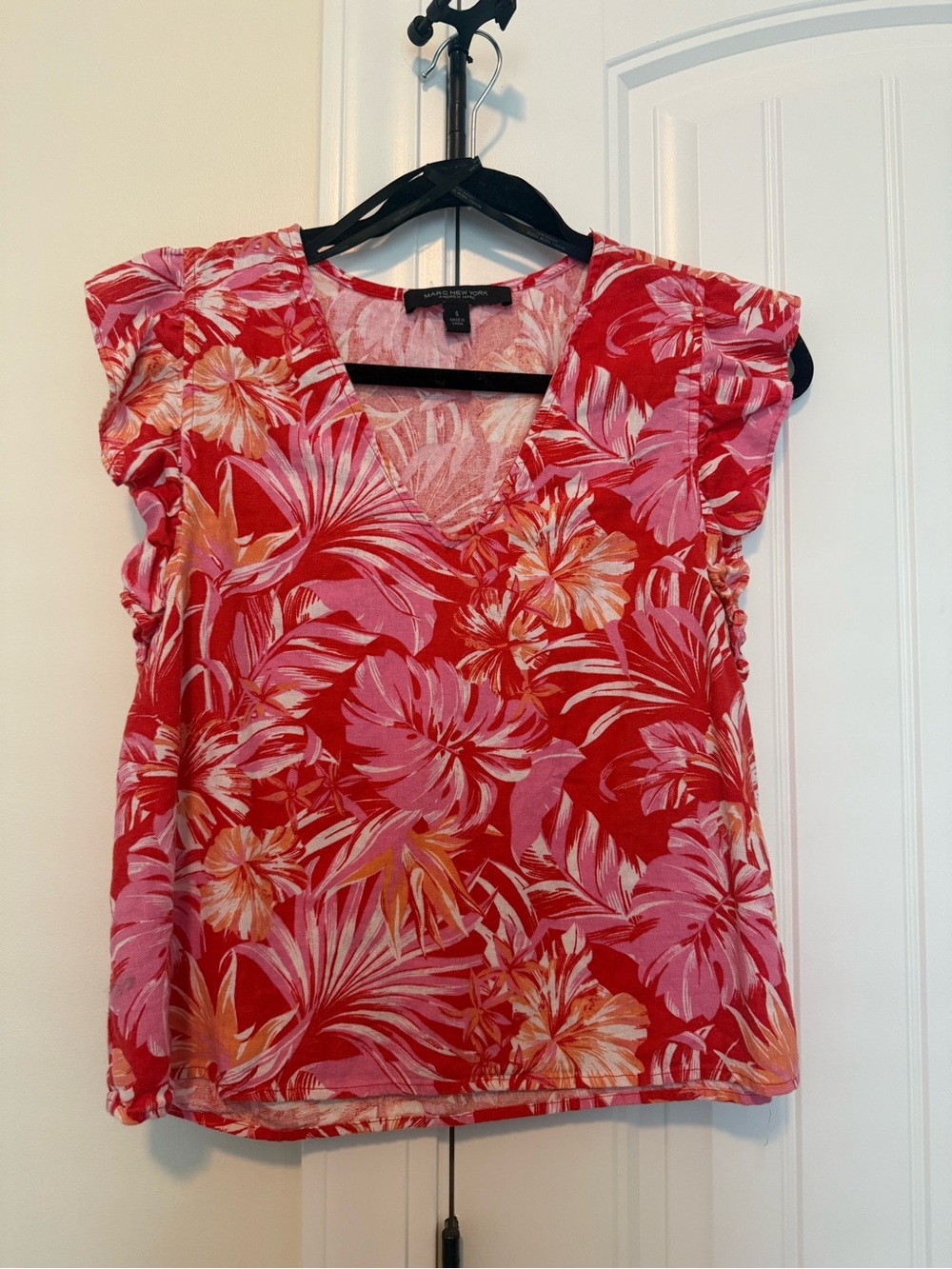 Marc New York Red and Pink Tropical Floral V-Neck Blouse